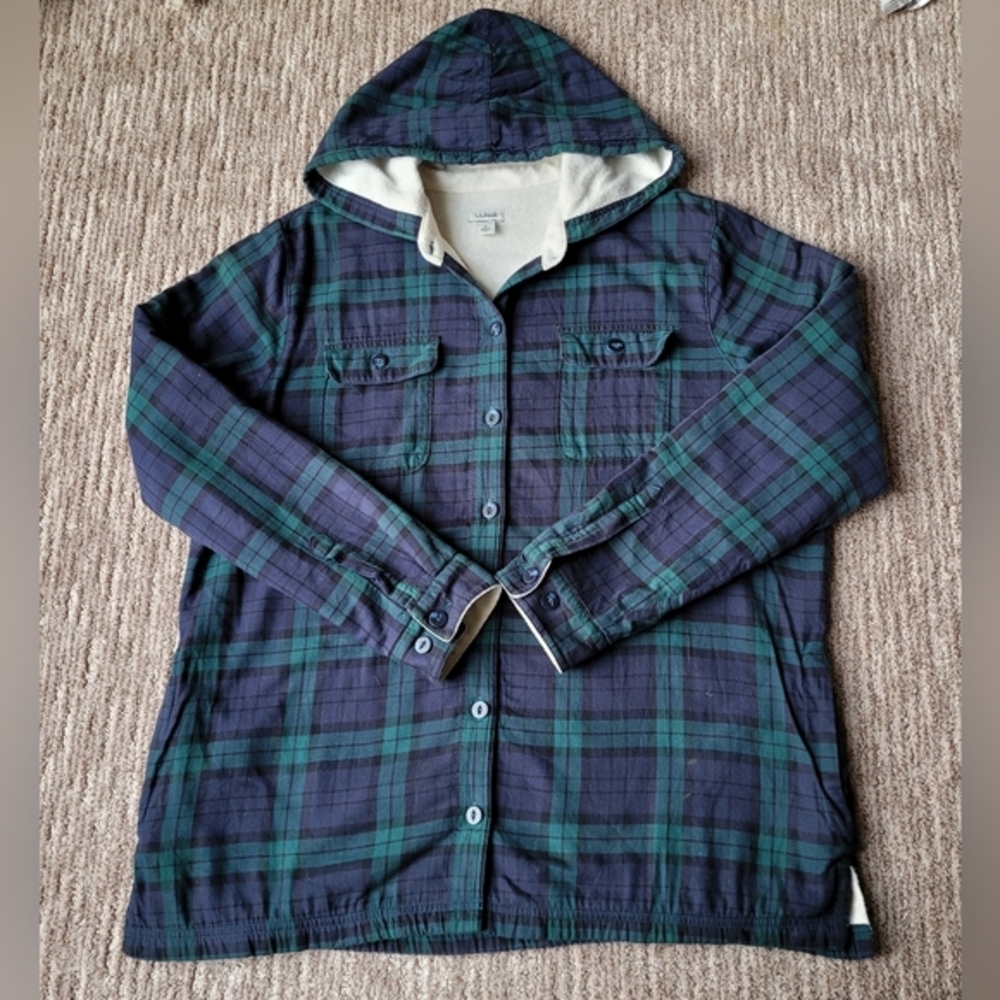 LL BEAN FLEECE LINED PLAID FLANNEL HOODIE SHACKET WOMEN'S SIZE  LARGE - Picture 2 of 16